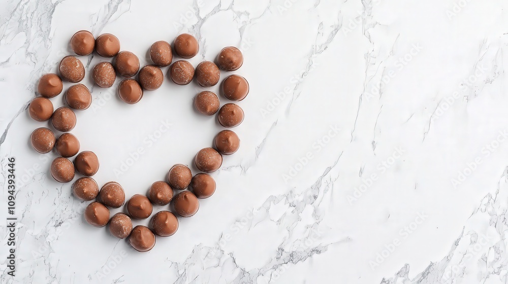 Chocolates arranged in the shape of a heart on a marble surface Chocolates arranged in the shape of a heart on a marble surface