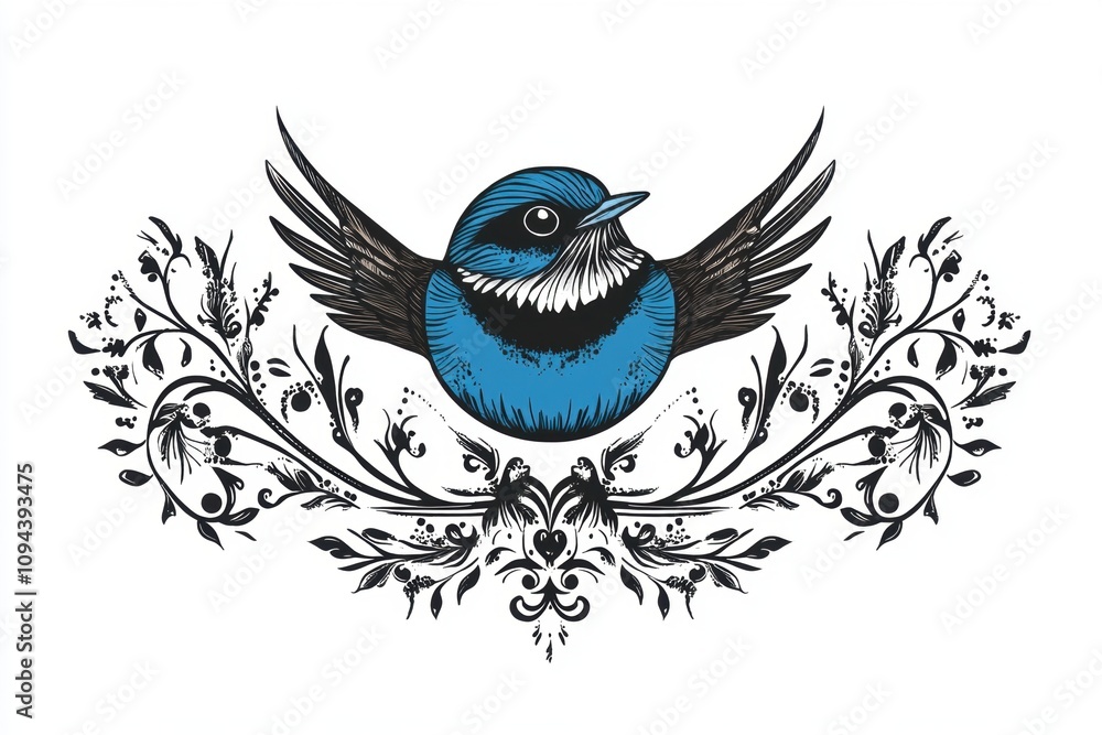 Obraz premium A stylized splendid fairywren bird with wings, surrounded by ornate floral designs.