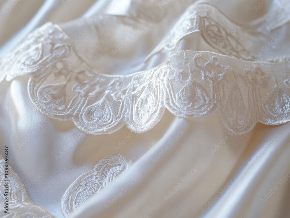Close-up of shimmering fabric with delicate scalloped edges and intricate embroidery details Close-up of shimmering fabric with delicate scalloped edges and intricate embroidery details