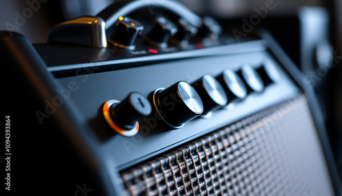 Close up side view an amplifier electronic guitar