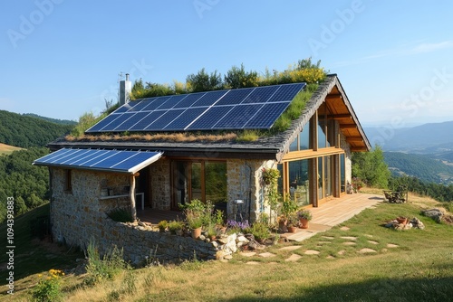 an off-grid design-house with solar panels and some greenery on the roof and one side, sustainability, off the grid , green energy