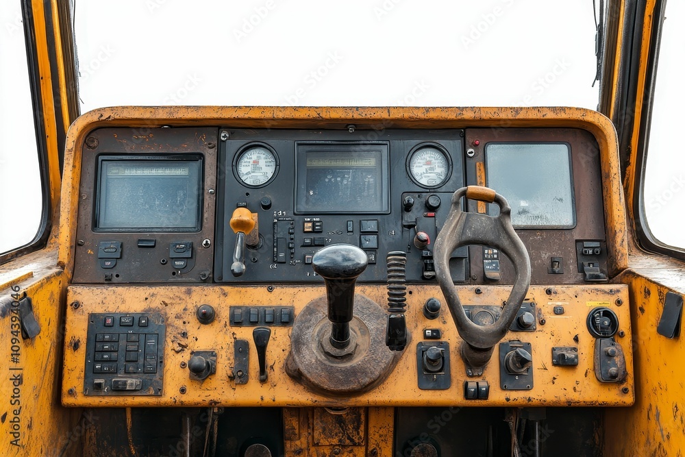 Worn yellow vehicle control panel, gauges, levers. Worn yellow vehicle control panel, gauges, levers.