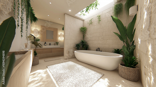 Relaxing home spa bathroom with modern design, plants, and a serene atmosphere to unwind after a long day photo