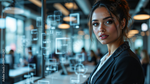 Professional Woman with Digital Documents Hovering Above Desk in Bright Office