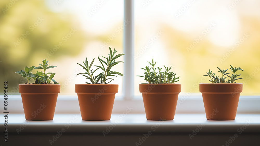 Assorted herbs in terracotta pots on a sunny windowsill Assorted herbs in terracotta pots on a sunny windowsill