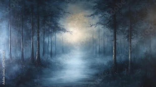 Mysterious foggy forest scene nature digital art twilight calmness