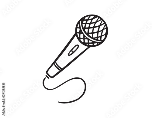Hand drawn Microphone with wire isolated doodle icon. Musical item for singing, performances, karaoke.