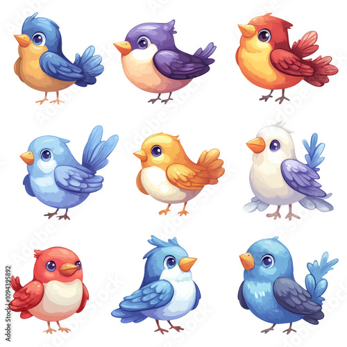 Colorful Cartoon Birds Collection on Transparent Background