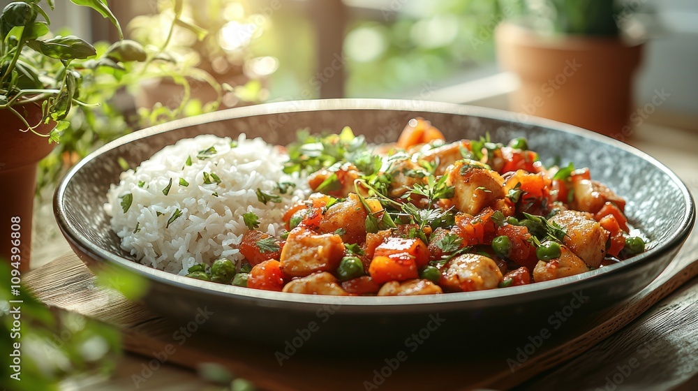 Delicious Chicken Stir Fry with Rice Vegetables and Herbs Delicious Chicken Stir Fry with Rice Vegetables and Herbs