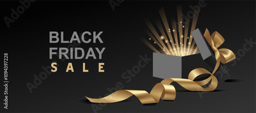 Black Friday sale design template. Open black gift box with golden glow, yellow swirl long ribbon, bow and black Friday sale text. Vector stock illustration.