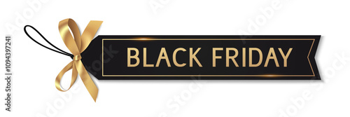 Black Friday sale label design template. Decorative golden bow with horizontal black label and Black Friday text. Vector stock illustration.