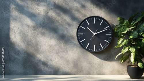 Wall clock with plant casting shadows on textured wall