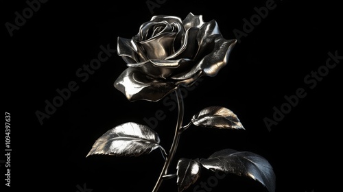 Fototapeta Naklejka Na Ścianę i Meble -  Chrome liquid metal rose flower. 3D render, modern design. Isolated holographic futuristic floral icon. Y2K, brutalism retro futurism bloom concept.