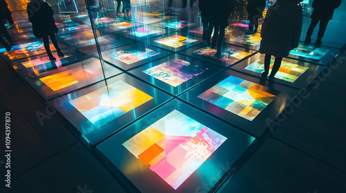 A futuristic LED floor display showing shifting geometric animations beneath transparent glass. photo