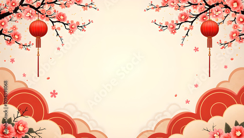 Chinese New Year Background with Cherry Blossom and Lanterns. Concept of celebration, spring, and tradition.