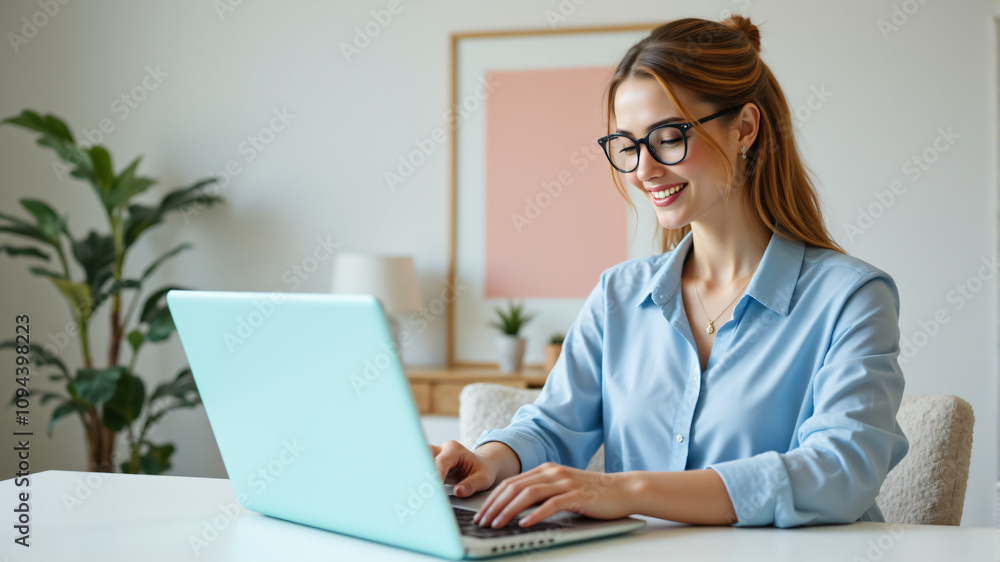 Focused Executive Working on Pastel Laptop in Serene Workspace Focused Executive Working on Pastel Laptop in Serene Workspace