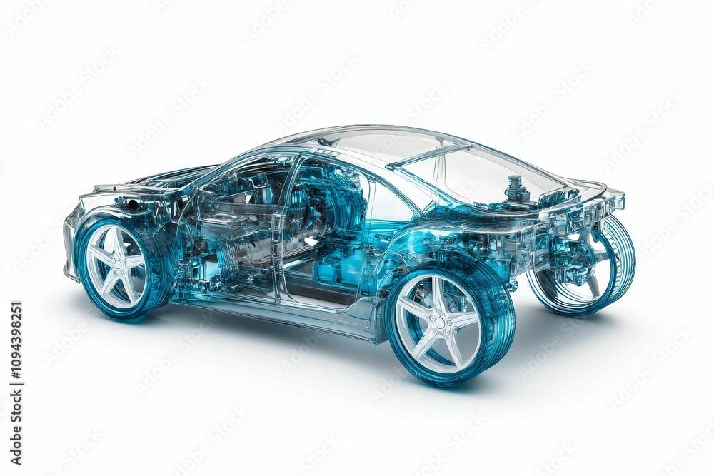 Transparent blue car, internal components visible. Transparent blue car, internal components visible.