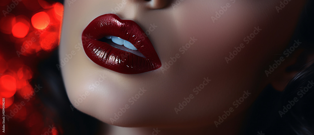 Fototapeta premium Makeup artist applies red lipstick to a beautiful female face, enhancing her features with precise makeup application and elegance