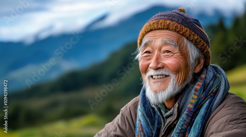 Smiling Elderly Man with a Peaceful Expression Against a Scenic Mountain Background Featuring Lush Greenery and Blue Skies