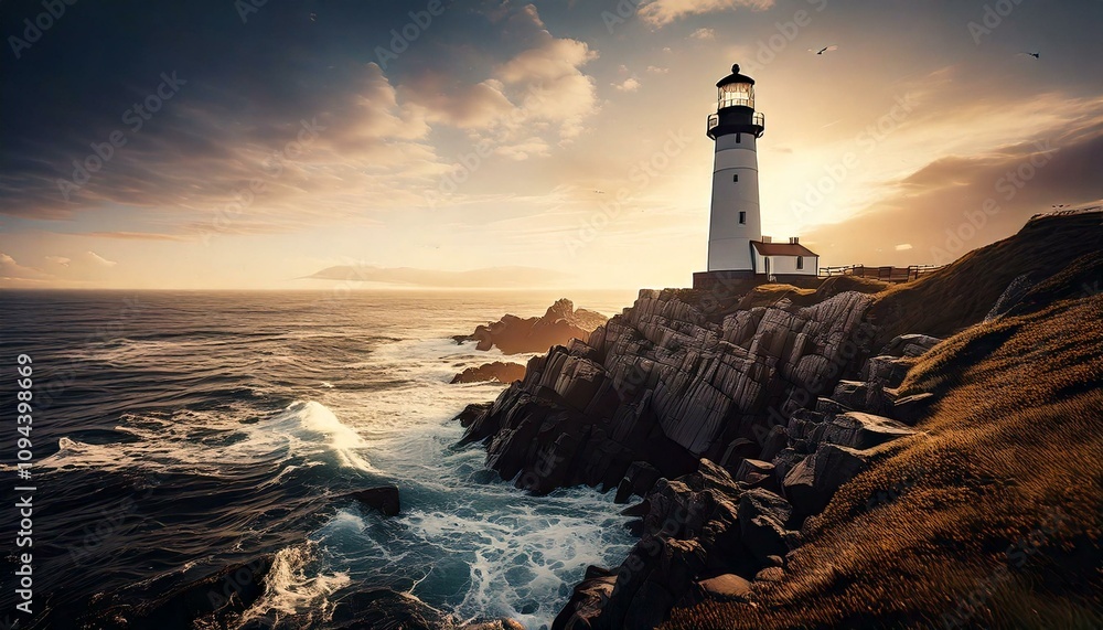 Lighthouse at sunset at wavy sea by the cliff Lighthouse at sunset at wavy sea by the cliff