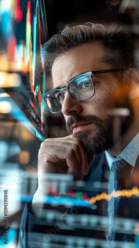 Man analyzing stock market data on futuristic screens in high-tech financial analysis environment.