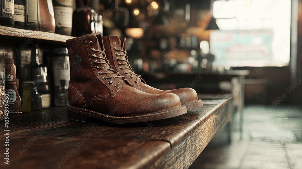 A pair of rustic brown leather boots with laces sit on a wooden table, showcasing a vintage, rugged style. A pair of rustic brown leather boots with laces sit on a wooden table, showcasing a vintage, rugged style.