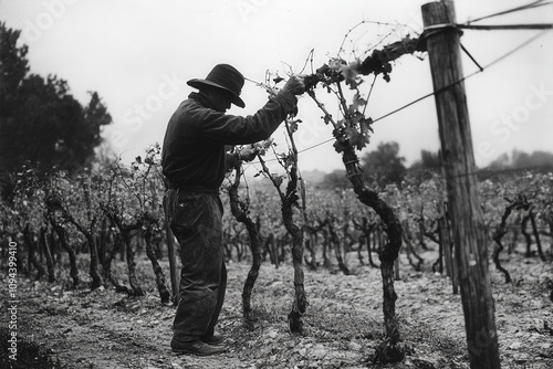 Black and White Photo of Farmer Pruning Grapevines