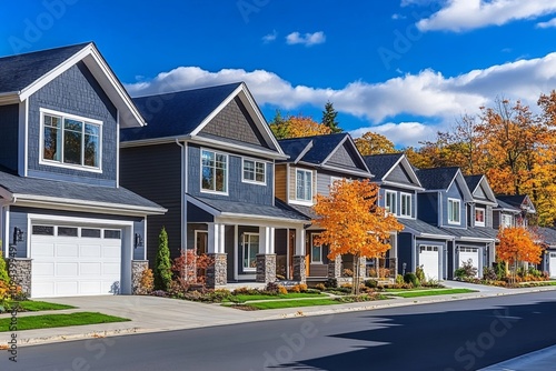 Modern Suburban Homes with Manicured Lawns and Autumn Foliage: Symbolizing Community, New Beginnings, and the American Dream