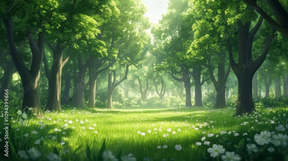 Obraz premium Magical Forest Morning: Early Dew and Bird Chorus in Enchanted Woodland Setting