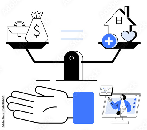Scales balance money and a house with health and heart. Hand open in acceptance. Online teacher at computer. Ideal for financial wellness, health balance, work-life harmony, education