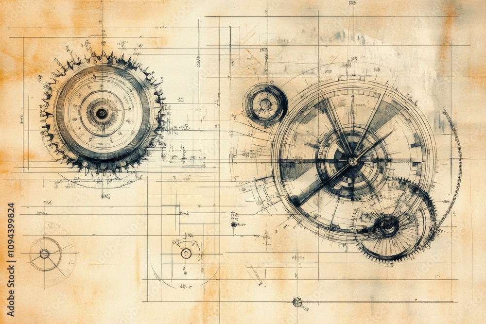 Aged blueprint; intricate clockwork mechanism design. Aged blueprint; intricate clockwork mechanism design.