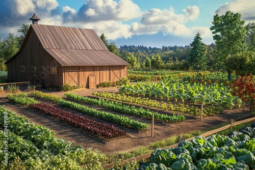  a wooden barn, in front of it there's Plantations of beets, corn and lettuce in vegetable gardens with dividers. Some fruit trees on the side