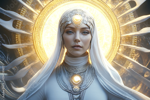 A serene image of a woman symbolizing purity and light. photo