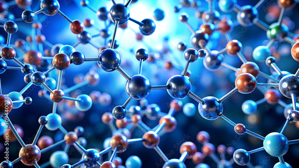 Colored molecules on blue background, molecular structure of atom, nano, science Colored molecules on blue background, molecular structure of atom, nano, science