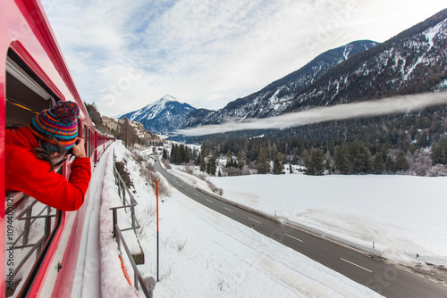 Red Express in the Winter Season Photo, Bernina Line  St.Moritz, Graubunden Switzerland