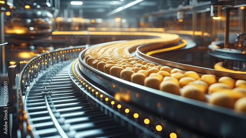 Close-up of a modern conveyor belt system transporting bright oranges in a well-lit industrial setting.