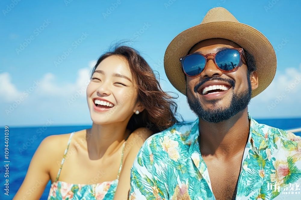 Fototapeta premium Couple laughing together with tropical vibes