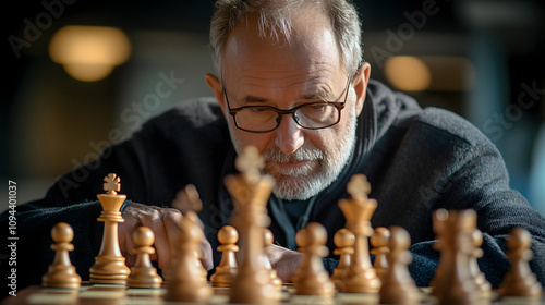 A grandmaster playing simultaneous chess games against multiple opponents on a row of wooden boards.