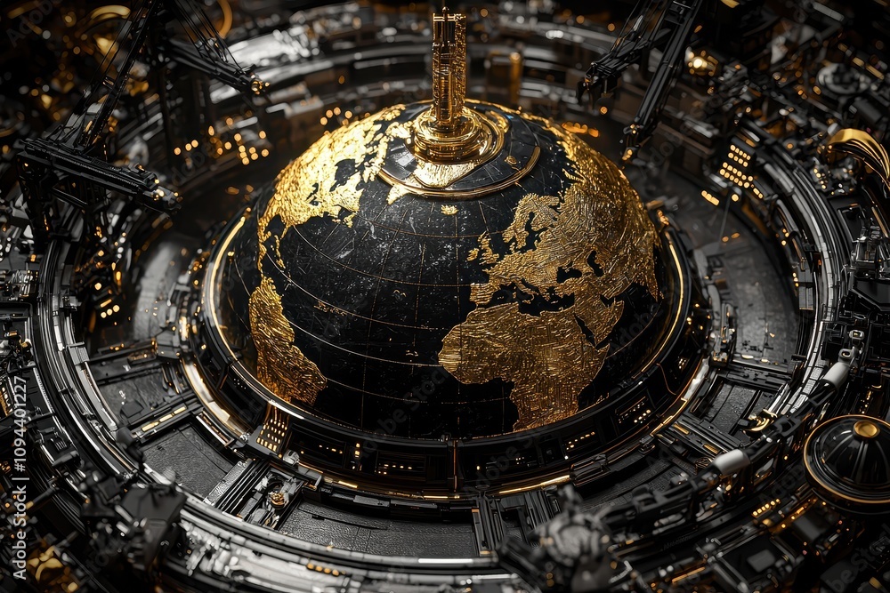 Fototapeta premium Global Machinery: A sleek, abstract composition showcasing a golden globe encased within a complex, steampunk-inspired mechanism, evoking themes of globalization, interconnectedness.