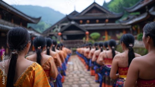 Participants in the Kannamesai Ceremony wear traditional attire while celebrating at a historic Japanese venue photo