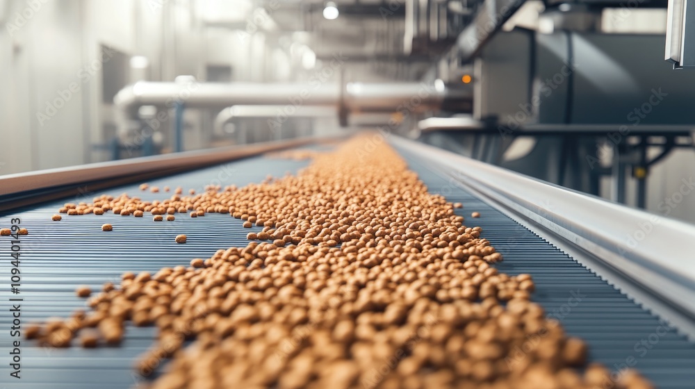 Fototapeta premium Close-up of a conveyor belt transporting small brown pellets in an industrial setting.