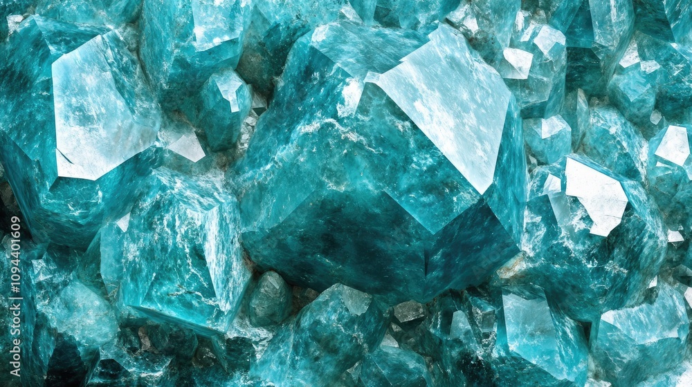 Close-up of vibrant turquoise crystals shimmering under light. Close-up of vibrant turquoise crystals shimmering under light.
