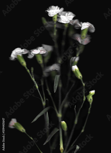 Pink carnation or clove pink vertical scan background. Scanned blooming spring flower bouquet. Glitchy abstract strongly distorted plant. Colourful botanical photocopy with scanner noise effect.