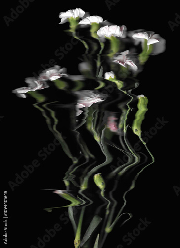 Pink carnation or clove pink vertical scan background. Scanned blooming spring flower bouquet. Glitchy abstract strongly distorted plant. Colourful botanical photocopy with scanner noise effect.