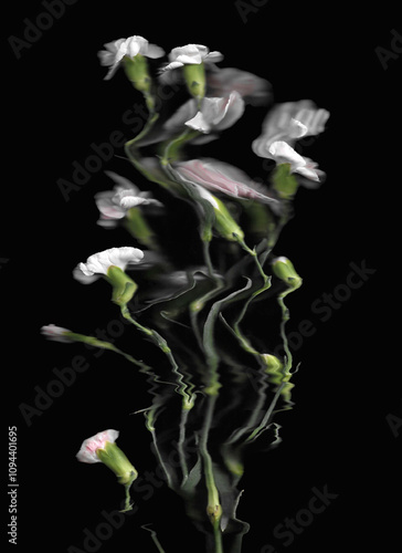 Pink carnation or clove pink vertical scan background. Scanned blooming spring flower bouquet. Glitchy abstract strongly distorted plant. Colourful botanical photocopy with scanner noise effect.