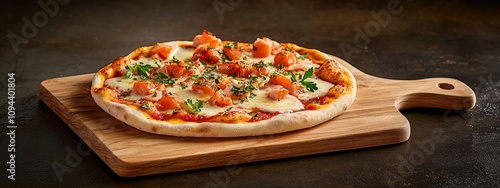 Freshly Baked Pizza with Toppings on Wooden Board