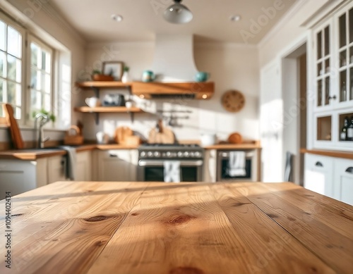 modern kitchen interior, focusing on a wooden table in the foreground 