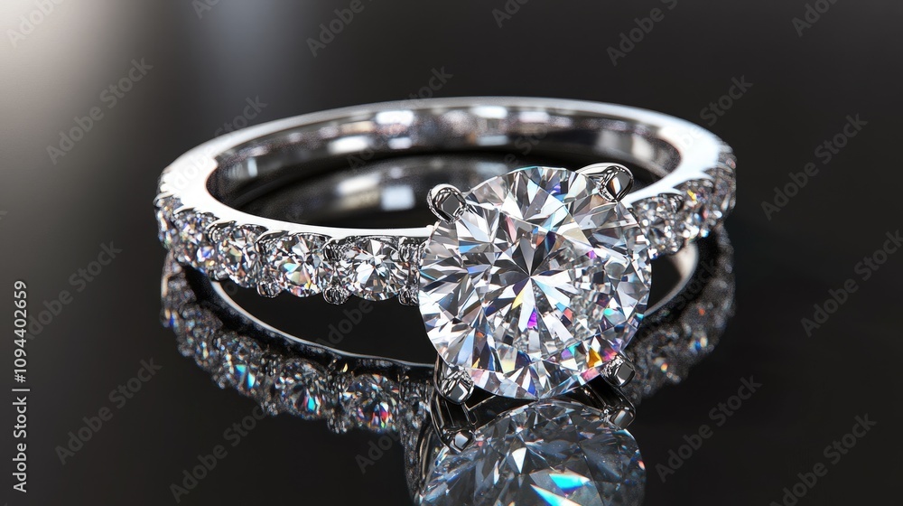 Elegant diamond engagement ring with stunning brilliance and a shiny band, resting on a reflective surface. Elegant diamond engagement ring with stunning brilliance and a shiny band, resting on a reflective surface.