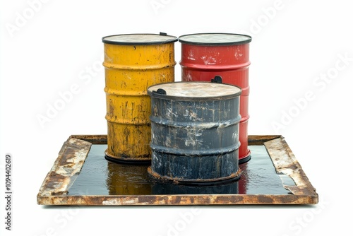 Three rusty barrels, spilled liquid, containment tray.