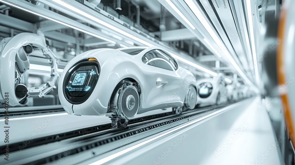 Fototapeta premium Futuristic automated assembly line featuring sleek, white electric cars in a high-tech factory.